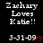 Pixelated text displays 'Zachary Loves Katie!!' with date '3-31-09' and red heart, repeated across a on black background