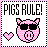 Pixel art icon featuring a pink checkered pig wearing black sunglasses with "PIGS RULE!" text above, a small heart to the left, and a dotted border on white background.