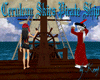 Animated pirate ship scene with two characters in red and black attire performing various actions on deck.