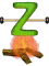 Green 3D 'Z' character on a horizontal bar above a campfire with orange flames and brown logs, displayed in a of showing animation cycles