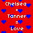 Red background with blue pixel hearts and white text reading "Chelsea + Tanner = Love" in two identical vertical