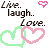 A static pattern of repeated text and heart symbols in black, pink, and green on a white background.