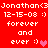 Red background with white pixelated text reading 'Jonathan<3Jonathan<3 12-15-08 :) 12-15-08 :) forever and ever :) ♡' repeated twice, with a pink heart symbol in the second instance.