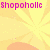 Pixelated yellow background with orange shapes and pink text variations including Shopoholic, Chocoholic, Laughoholic, and a red <33 symbol.