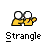 Two pixelated figures in yellow shirts with white eyes and dark outlines stand side-by-side, one figure's arm extended toward the other.