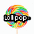A circular rainbow-swirled lollipop on a stick with changing text overlays