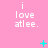 Pink background with repeated white text 'i love atlee.' and cyan pixelated symbols changing across frames.
