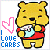Pixelated Winnie the Pooh holding a light blue object with pink heart and 'LOVE CARBS' text on white background.