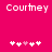 Pixelated text 'Courtney' appears twice on a bright pink background with two of white and light pink heart symbols below