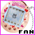 Pixelated circular icon with pink border, central blue-gray shape surrounded by red and brown dots, black text 'FAN' at bottom right.