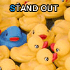 Yellow rubber ducks with one blue duck among them, all facing forward under the text "STAND OUT" in black letters.