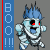 Pixel art contact sheet showing two frames of an animated Neopets buddy icon featuring a ghostly character with blue hair and red eyes, accompanied by vertical text banners reading "BOO!!!" in light blue or yellow.