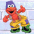 Pixelated static image of a red muppet character with purple hair, yellow pants, and green boots standing in a dynamic pose against a light blue background.