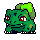 Three pixelated green Pokémon-like creatures with distinct floral features on their heads, each with unique expressions and color variations.