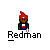 Pixel art character with red hat and blue outfit, multiple poses showing hand gestures and speech bubbles beneath the text "Redman".