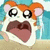 Pixelated cartoon hamster with orange-brown top of head, white face, large black eyes, and open mouth showing pink tongue against blue background.