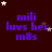 Purple text 'mili luvs her m8s' on dark brown background with white and brown stars scattered across, some stars move position between frames.