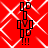 Red background with white diamond pattern; black and brown pixelated figure in four positions showing sequential leg movement