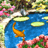 A static pixelated image shows a golden fish swimming in blue water with lily pads, pink flowers, and green foliage surrounding the pond.