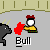 Pixel art animation of a matador figure with red hat and yellow outfit holding a red cape, interacting with a black bull against gray background with beige border.