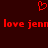 Red pixelated text and heart symbol on dark red background, repeating 'love jenn' with a heart above.