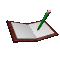 A green pencil with pink eraser rests on a brown-bound open book with white pages, viewed from above.