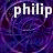 Two side-by-side animated frames of a buddy icon featuring the name "philip" in white text over a swirling purple and blue background with visible pixelation.