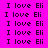 Pixelated text 'I love Eli' repeated across a bright pink background with cyan highlight boxes on three instances.