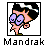 Pixelated cartoon character with black hair, purple glasses, and pink skin in a running pose inside a black square frame above the text "Mandrak".
