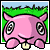 Pixelated pink creature with large eyes and small horns stands on green grass under blue sky, displaying changing expressions and speech bubbles.