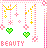 Pixel art icon with pink, yellow, and green elements including hearts, stars, and a crown-like shape on white background. Text reads 'BEAUTY' at bottom.