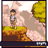 Pixel art scene of a character standing on a grassy cliff edge with pink cherry blossoms and mountains in the background, featuring stylized text at bottom right.