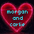 Red heart-shaped icon with cyan text reading 'morgan and carlie' on left, '2gether' on top right, and '4ever' on bottom left against dark background.