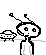 Pixel art alien with antennae and closed eyes, surrounded by UFOs and -patterned objects in a black-and-white animation