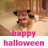 Pixelated image of a dog with brown and black fur, pink text reading 'happy halloween' below it on white background.