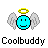 A static contact sheet of six identical pixel art icons featuring a blue smiley face with angel wings and halo, each labeled "Coolbuddy" below.