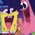 Pixelated static image of two cartoon characters with exaggerated expressions against a dark blue background.