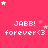 Pixelated pink background with white text 'JABB! forever<3' repeated in a , scattered white and pink stars, and a gray rectangle in the bottom-right corner