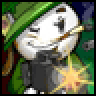 Pixelated cartoon character with white face, green hat, and dark body holding a glowing yellow object against a green background.