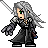 Pixel art character with long silver hair, green eye visible, black and gray outfit holding a sword-like object.