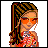 Pixelated static icon of a woman with long braided hair wearing orange sunglasses and a colorful patterned top against white background.