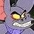 Pixelated close-up of a cartoon mouse face with large yellow eyes, black pupils, and a wide white-toothed grin against a purple background.