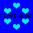 Blue background with scattered cyan hearts and repeated black text reading 'LOVE ALEX: LOVE ALEX' in pixelated font.