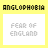 A contact sheet of 8 animated frames showing variations of a yellow background with "ANGLOPHOBIA" text and "FEAR OF ENGLAND" text in white boxes, some frames displaying the text clearly while others are blurred or missing.