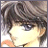 Anime-style character with brown hair and blue eyes, side profile against black background with white text.