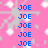 Pixelated text labels 'JOE', 'NICK', and 'KEVIN' in blue on a pink background with white sparkles, arranged in vertical