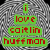Pixelated image with gray textured background, green and red text blocks reading 'i love scitlin huffmon', white pixelated text saying 'type your words here' in multiple sections.