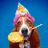 A dog wearing a party hat holds a slice of cake, next to a birthday cake with one candle and text reading "It's my birthday!".