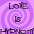 A static image with four identical arranged in a , each containing the text "LOVE IS HYPNOTIC" over a purple spiral background