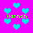 Pixelated cyan hearts and green text on a bright pink background with no visible animation changes.